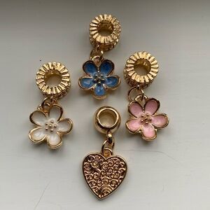 4 Charm Set – Flowers & Heart Dangle Charms for Bracelet or Necklace